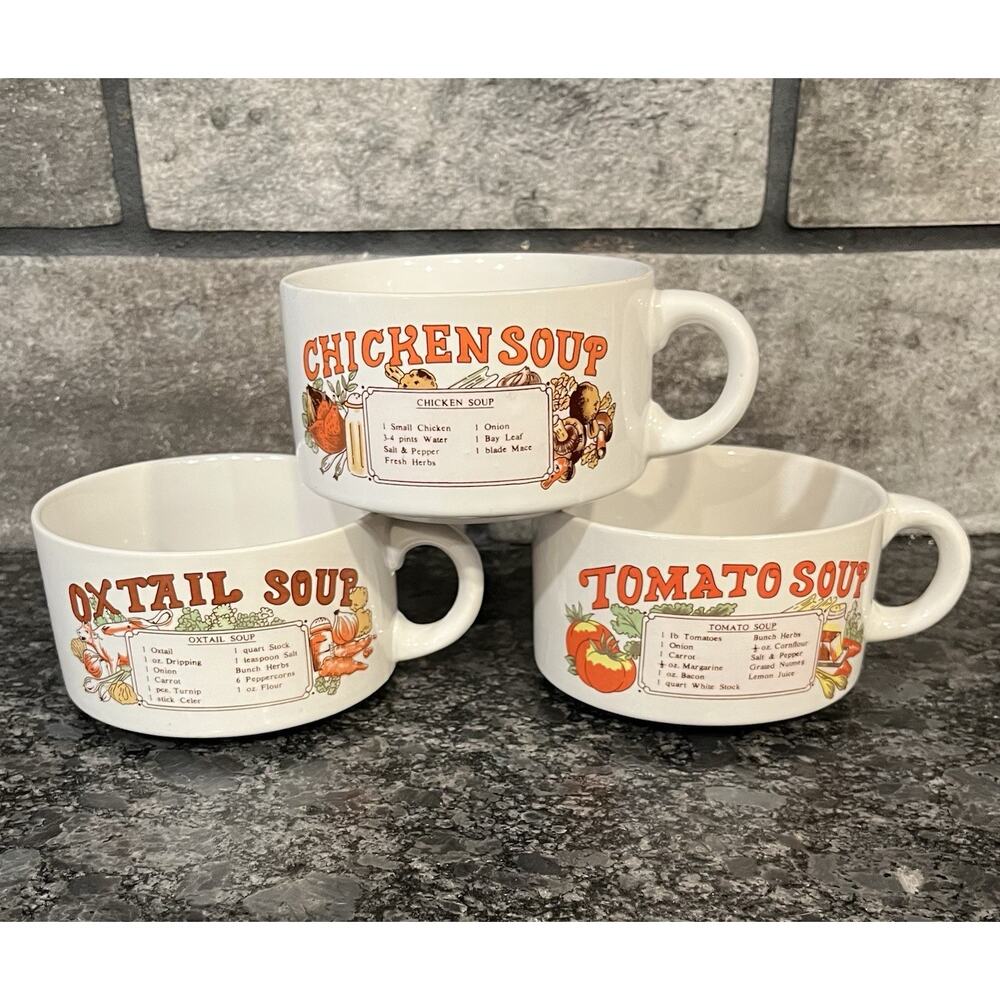 3 Vintage Soup Recipe Mugs Bowls Tomato, Chicken, & Oxtail Soup 14 Fl Oz